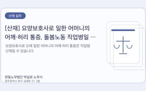 광주노무사 한동노무법인 박실로 노무사 - [산재] 요양보호사로 일한 어머니의 어깨·허리 통증, 돌봄노동 직업병일 수 있습니다 대표이미지