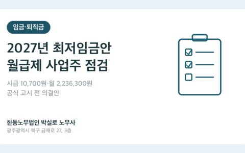 2027년 최저임금안 10,700원과 월 환산액 2,236,300원을 기준으로 임금표와 인건비 예산을 점검하는 사업주 안내 이미지