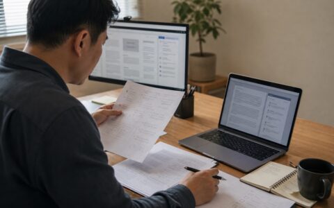 전문직이 문서와 디지털 도구를 함께 검토하며 AI와 협업하는 모습