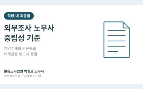 직장 내 괴롭힘 외부조사 노무사의 계약주체와 판단중립 이해상충 보고서 기준을 설명하는 카드 이미지